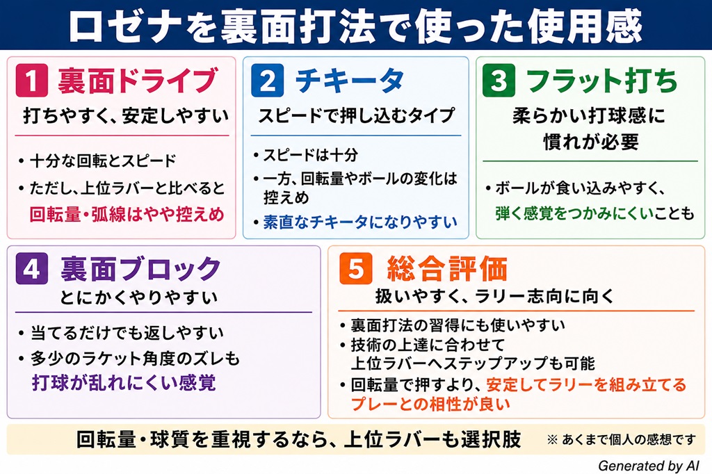 卓球ラバー ロゼナ(バタフライ)の裏面打法の観点から見た使用感