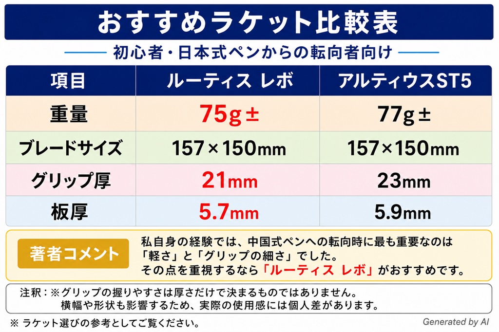 卓球ラケット　中国式ペン　おすすめラケット比較表