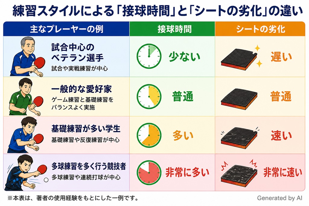 卓球 練習スタイルによる「接球時間」と「シート劣化」の違い