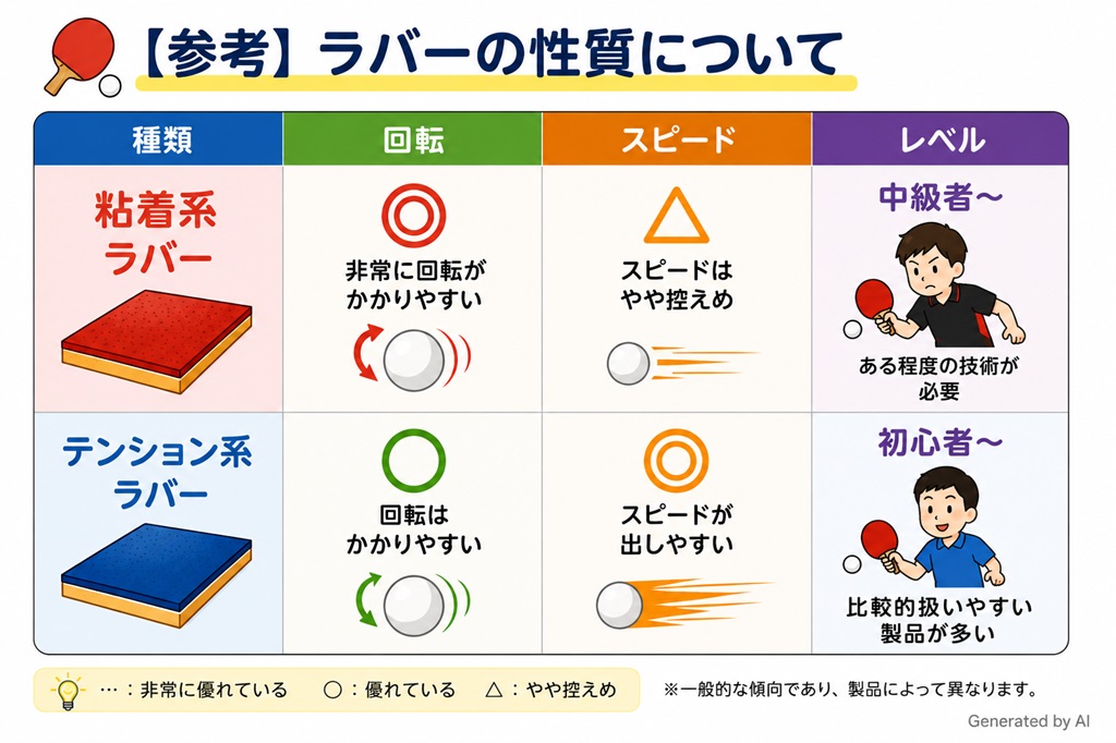 卓球の図表「粘着系ラバー」と「テンション系ラバー」の比較