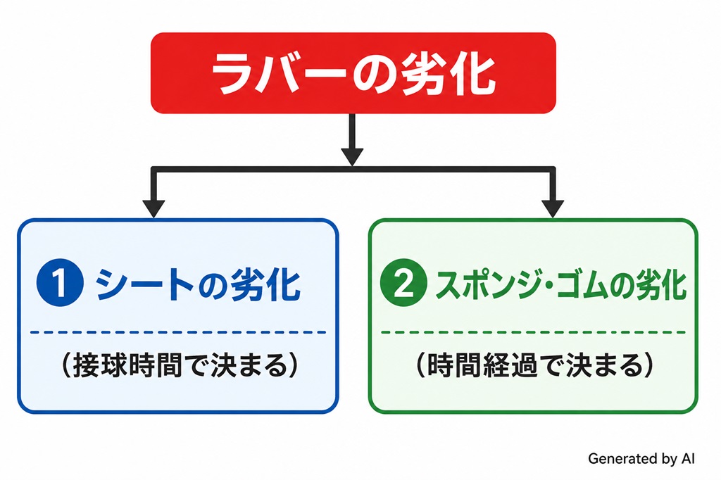 卓球　ラバー劣化2種類　①シートの劣化②スポンジゴムの酸化による劣化