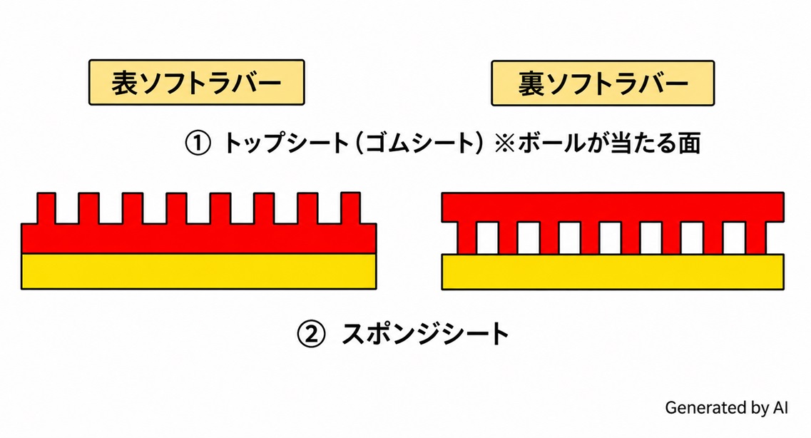 表ソフトラバーと裏ソフトラバーの構造を比較した図解
