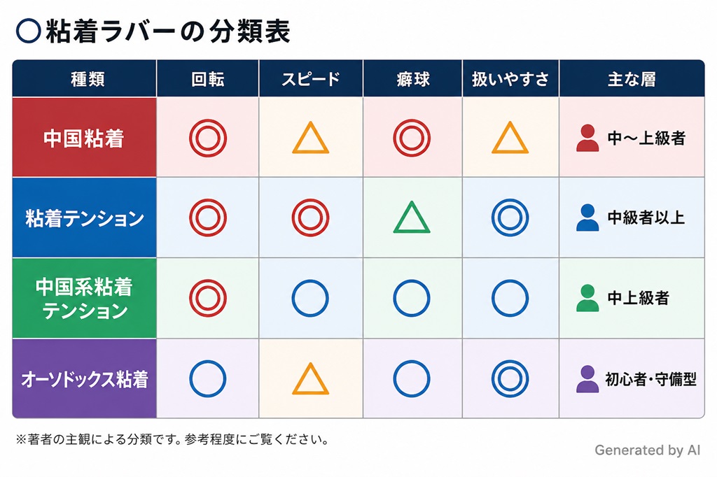 卓球の粘着ラバーを4種類に分類し、回転性能・スピード・癖球・扱いやすさ・主な使用層を比較した図表。中国粘着、粘着テンション、中国系粘着テンション、オーソドックス粘着の特徴を分かりやすく整理した比較画像。