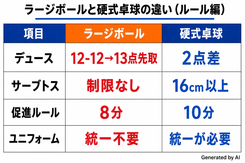ラージボールと硬式卓球の違い（ルール）