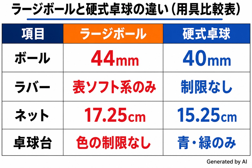 ラージボールと硬式卓球の違い（用具）