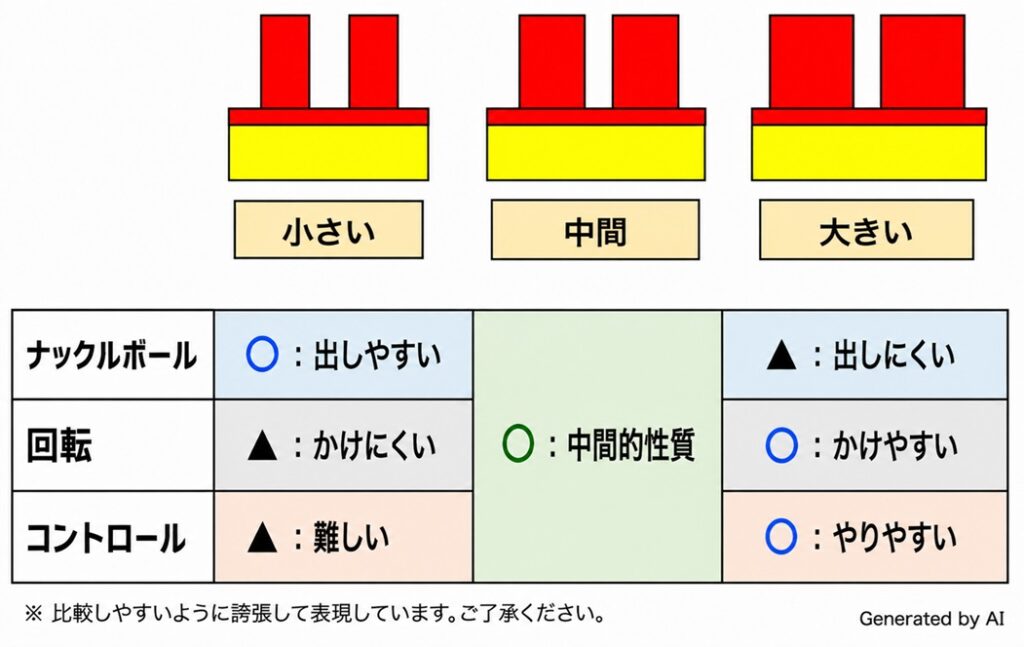 卓球ラバー　表ソフトラバーの大きさ（直径）の一覧表