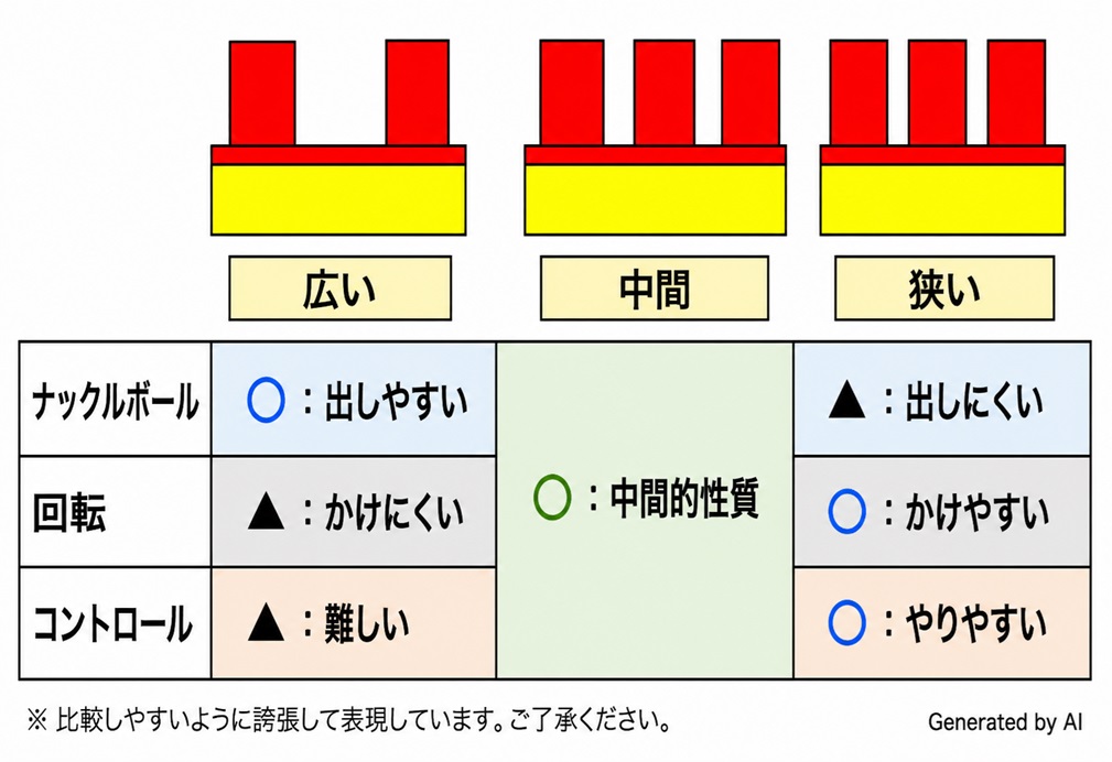 卓球ラバー　表ソフトラバーの粒の間隔の違いによる性質の一覧表