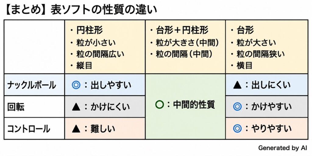 表ソフトラバーの粒形状ごとの特徴比較