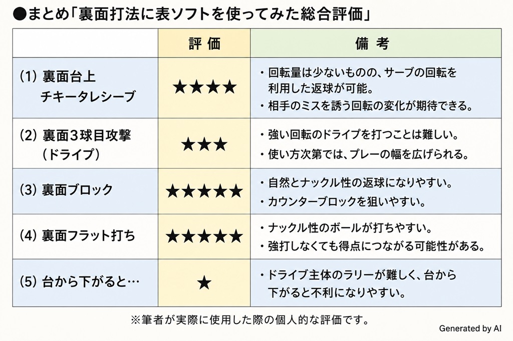 卓球　ペンホルダーラケットで裏面打法において、表ソフトラバーを使用した場合の総合評価