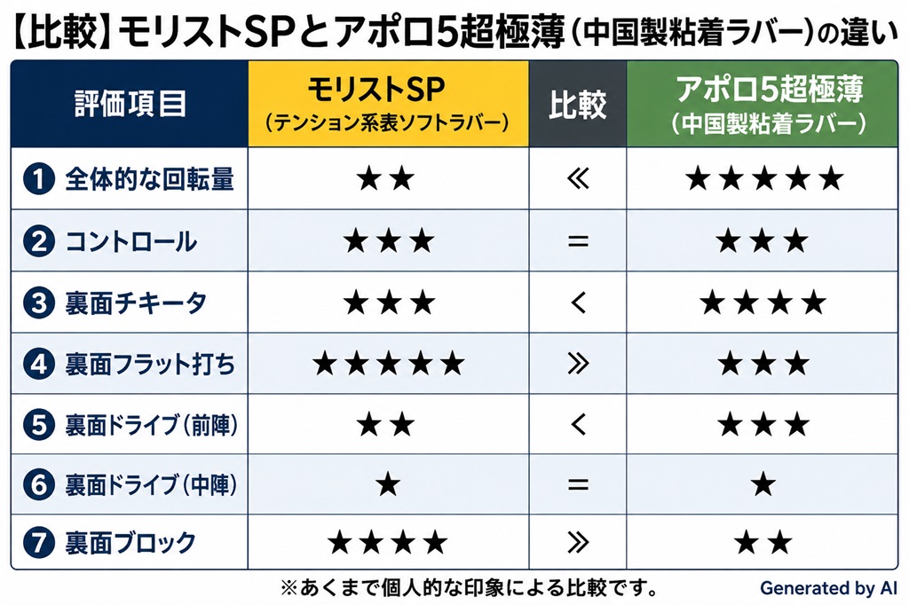 卓球ラバー　モリストSPとアポロ5を裏面打法で使用した場合の比較表