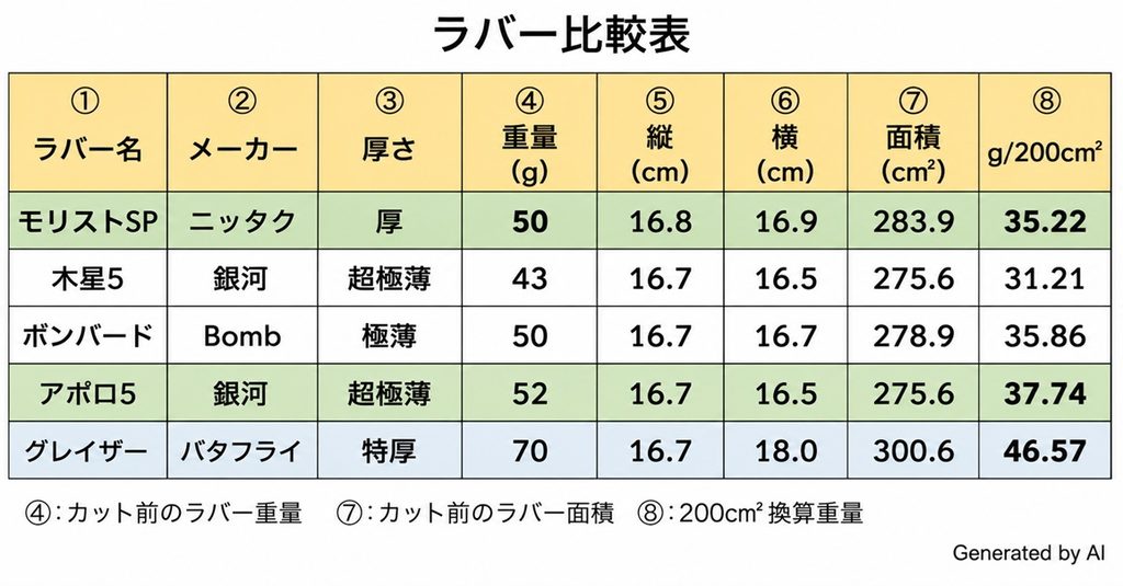 卓球ラバー　モリストSP（ニッタク）とその他のラバーとの重量比較表