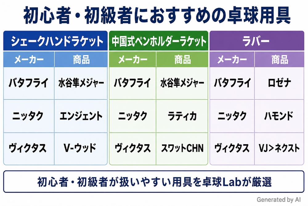 卓球　初心者・初級者におすすめの卓球用具一覧（バタフライ・ニッタク・ヴィクタス）