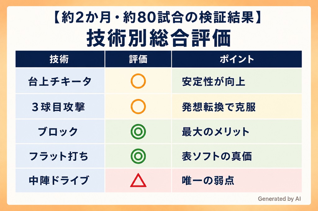 卓球　裏面打法を表ソフトラバーを使った場合の技術別の検証結果