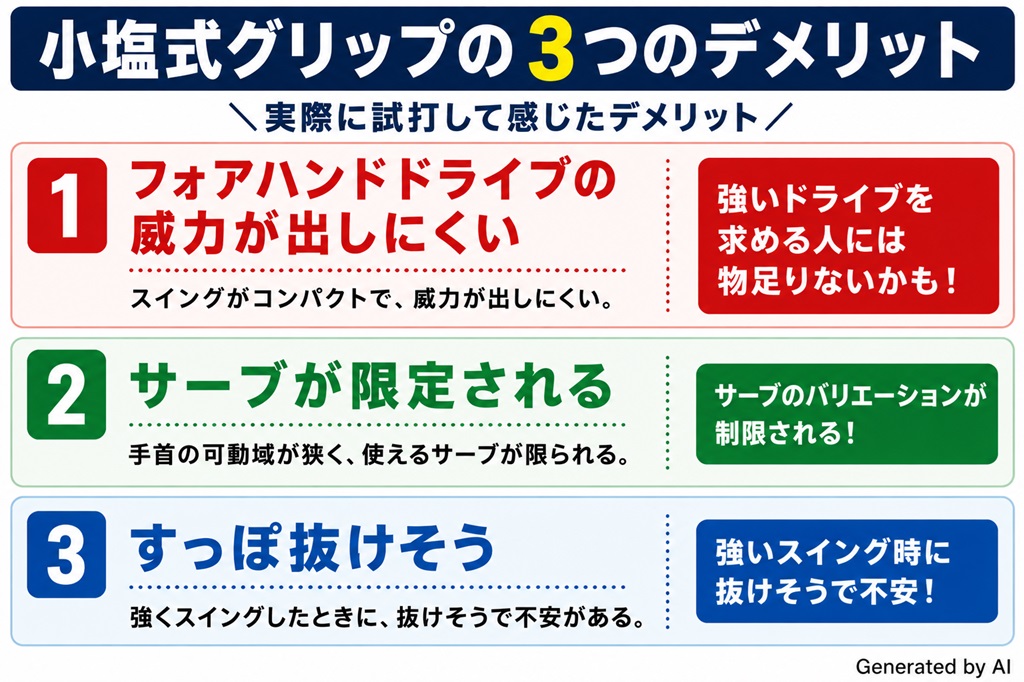 小塩式グリップで感じた3つのデメリットを説明したインフォグラフィック