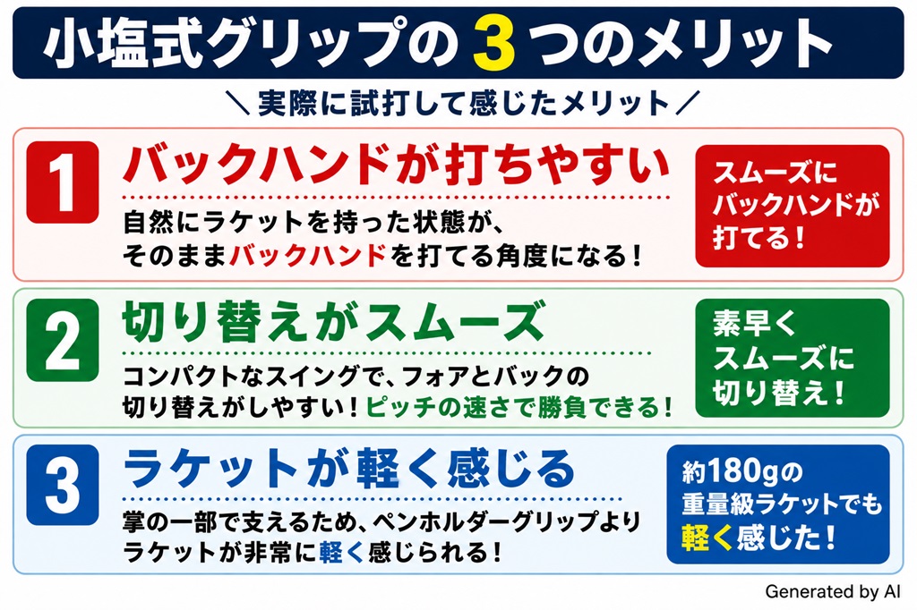 小塩式グリップで感じた3つのメリットを説明したインフォグラフィック