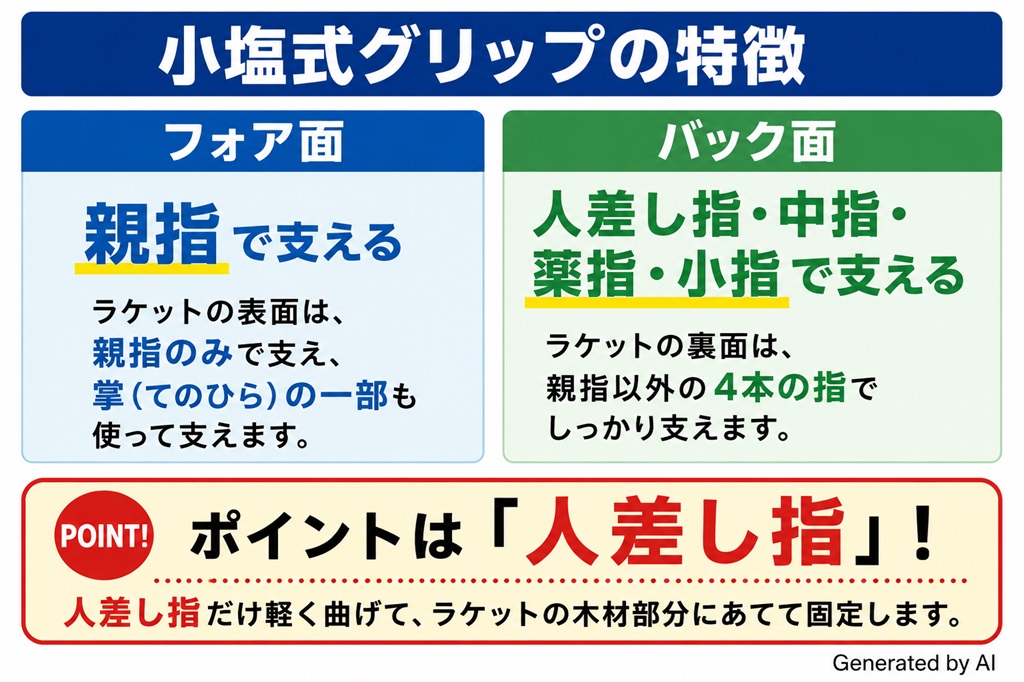 小塩式グリップの特徴を説明したインフォグラフィック