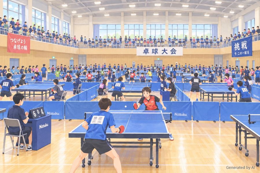 卓球 広い体育館での試合をイメージしたイラスト