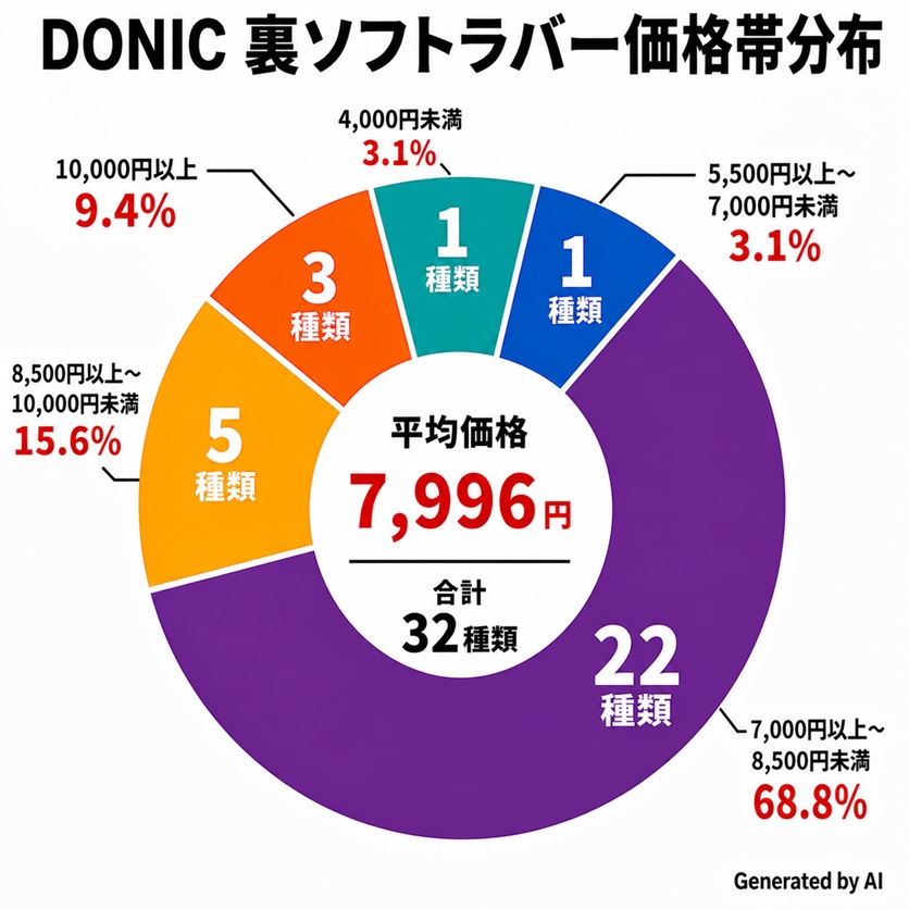 DONIC（ドニック）の裏ソフトラバー32種類の価格帯分布。7,000～8,500円未満が68.8％を占め、価格帯が集中している。