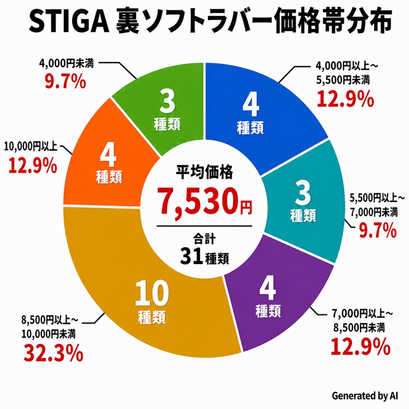 STIGA（スティガ）の裏ソフトラバー31種類の価格帯分布。8,500～10,000円未満が32.3％で最も多く、高価格帯の製品が目立つ。
