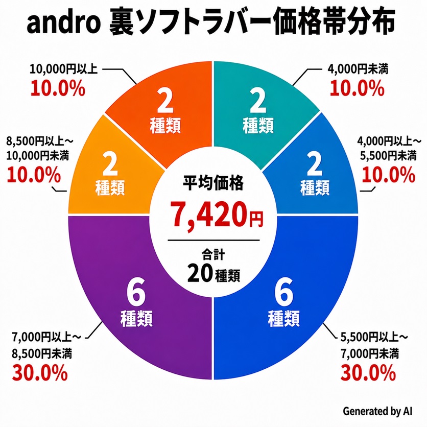 andro（アンドロ）の裏ソフトラバー20種類の価格帯分布。5,500～7,000円未満と7,000～8,500円未満がそれぞれ30％で最も多い。
