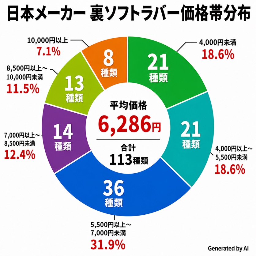 卓球ラバー　2026年 日本メーカー全体の価格帯分布