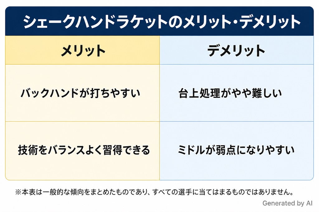 卓球　シェークハンドラケットのメリット・デメリットに関する表