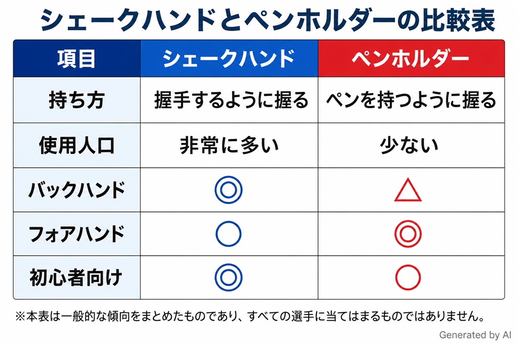 卓球　シェークハンドラケットとペンホルダーラケットの比較表