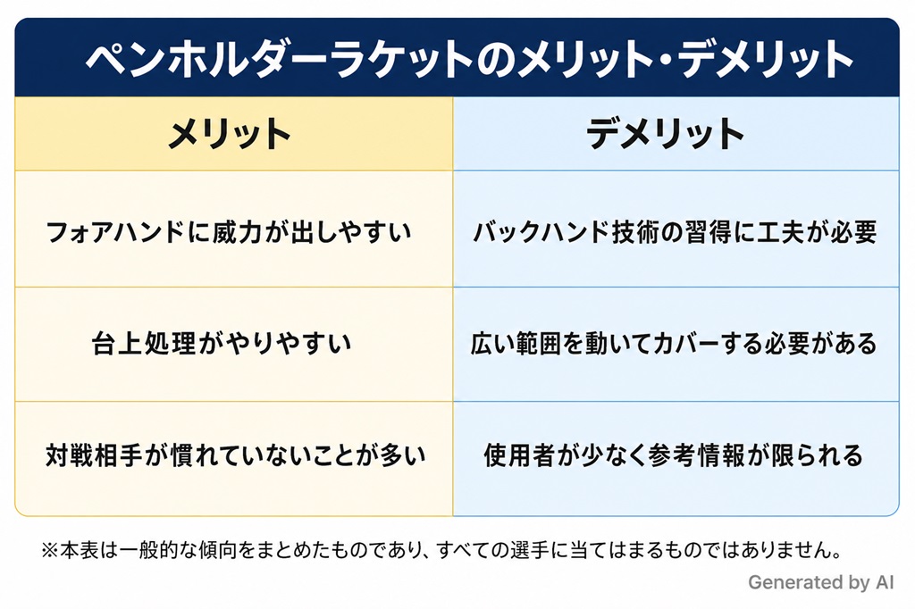 卓球　ペンホルダーラケットのメリット・デメリットに関する表