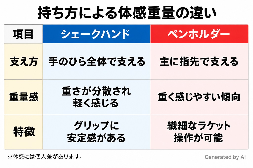 卓球　シェークハンドラケットとペンホルダーラケットの持ち方による体感重量の違いに関する表