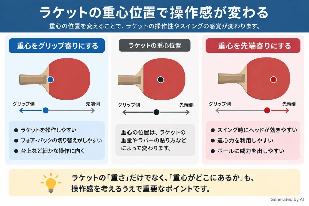 卓球ラケット　重心の位置による操作感の変化について