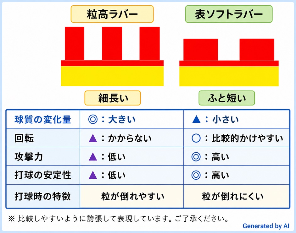 卓球ラバー 粒高ラバーと表ソフトラバーの性質の違いを示した表