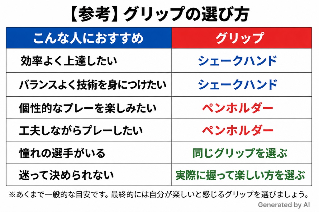 卓球ラケットのグリップ（シェークハンドラケットとペンホルダーラケット）の選び方に関する表