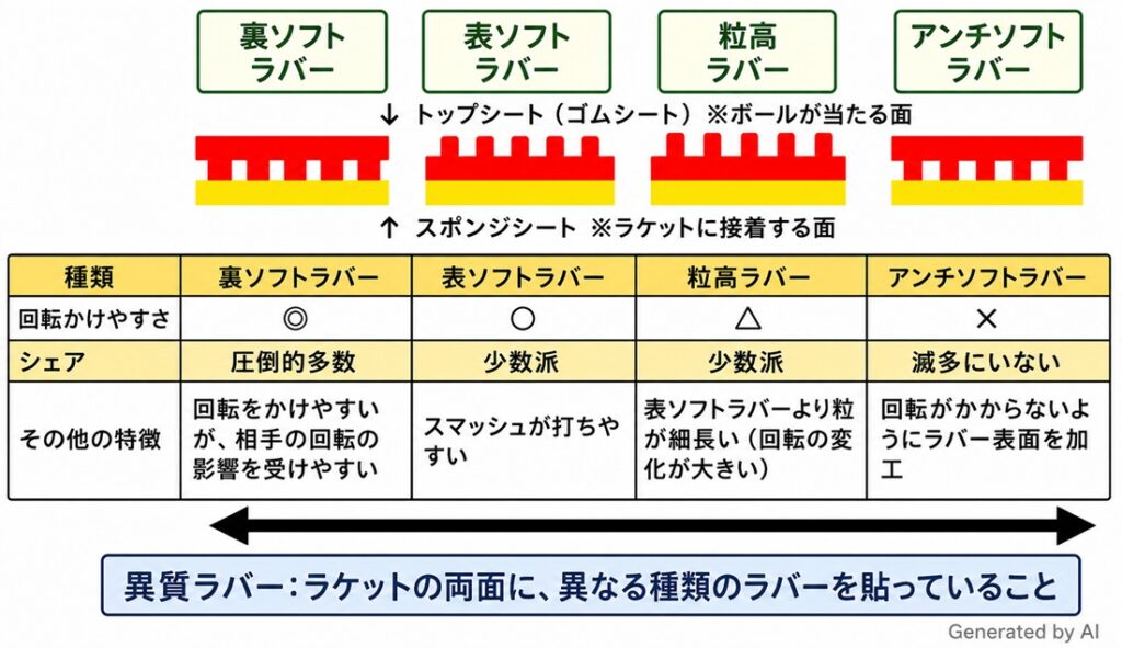 卓球ラバーに種類・特徴の一覧表（裏ソフトラバー、表ソフトラバー、粒高ラバー、アンチソフトラバー）