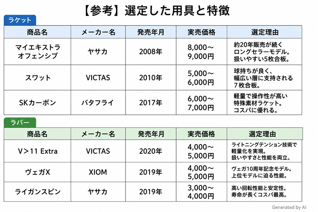 コスパに優れた卓球ラケットとラバーの比較一覧表