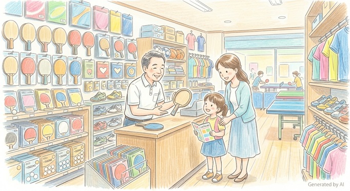 Illustration: Shopping for table tennis gear at a table tennis specialty shop