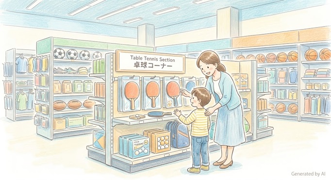 Illustration: Shopping for table tennis gear at a big-box sports retailer.