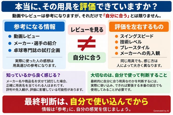 卓球　用具紹介情報を参考にするときの留意点