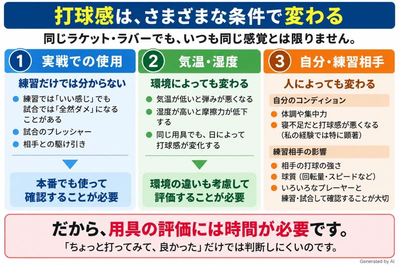 卓球用具　打球感はさまざまな条件で変化することについて
