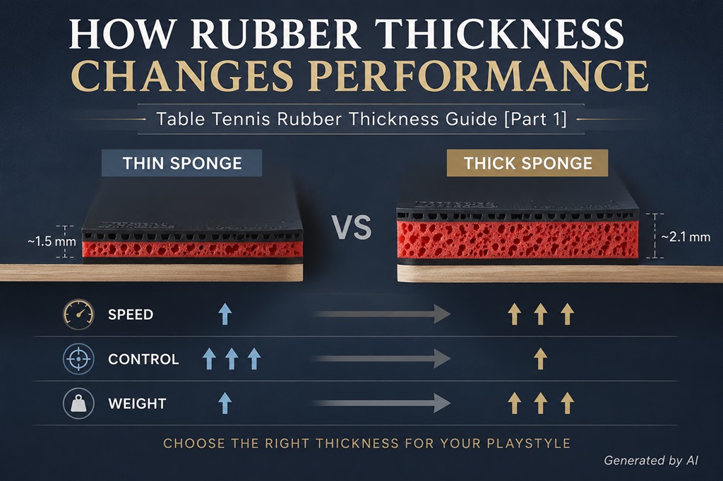 Table tennis rubber thickness comparison infographic showing how thin and thick sponge rubbers affect speed, control, and racket weight.