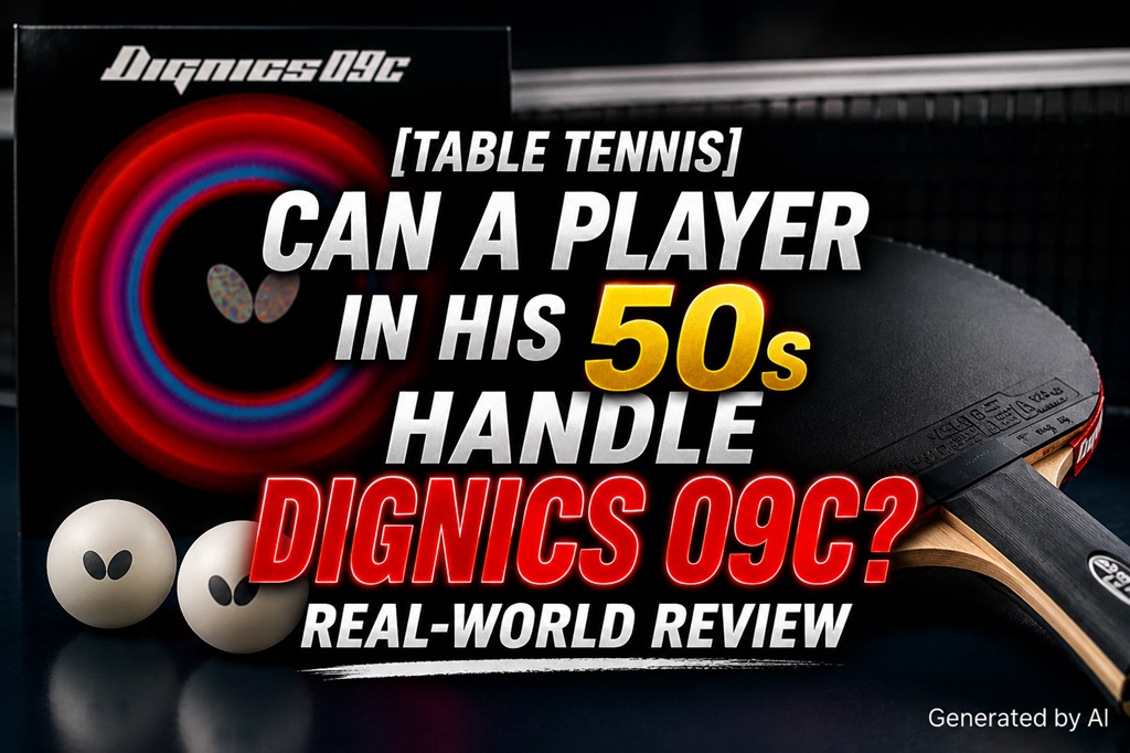 Dignics 09C table tennis rubber package on a ping pong table with dramatic lighting and realistic sports atmosphere