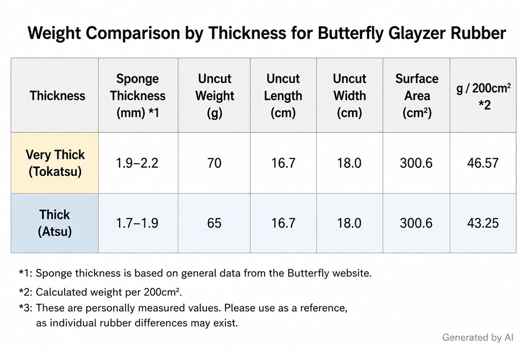 Comparison chart showing the weight difference between Butterfly Glayzer table tennis rubbers in Max and 2.0mm sponge thickness, including sponge thickness, uncut weight, dimensions, and calculated weight per 200cm².
