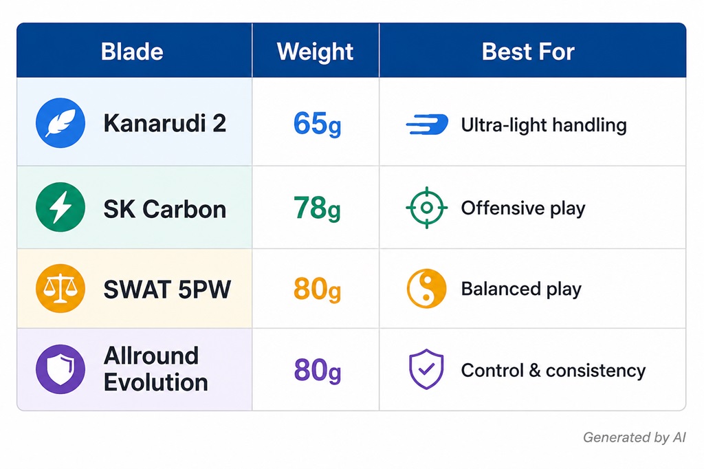 Lightweight table tennis blade comparison chart showing Kanarudi 2, SK Carbon, SWAT 5PW, and Allround Evolution with their average weights and recommended play styles for ultra-light handling, offensive play, balanced play, and control-focused play.