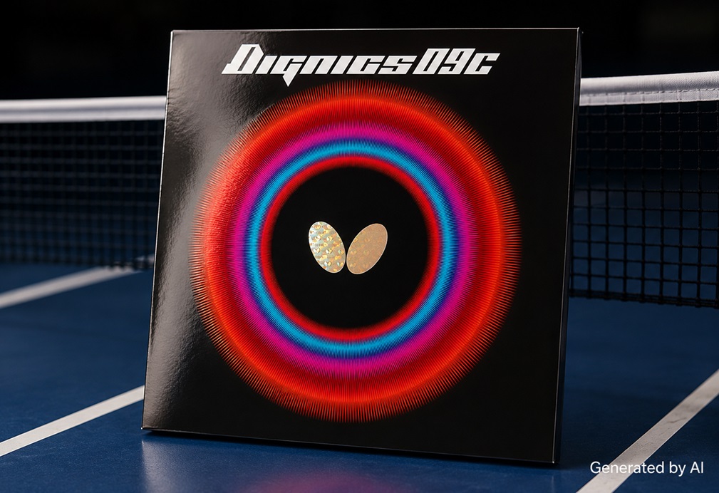 Dignics 09C table tennis rubber package on a ping pong table with dramatic lighting and realistic sports atmosphere