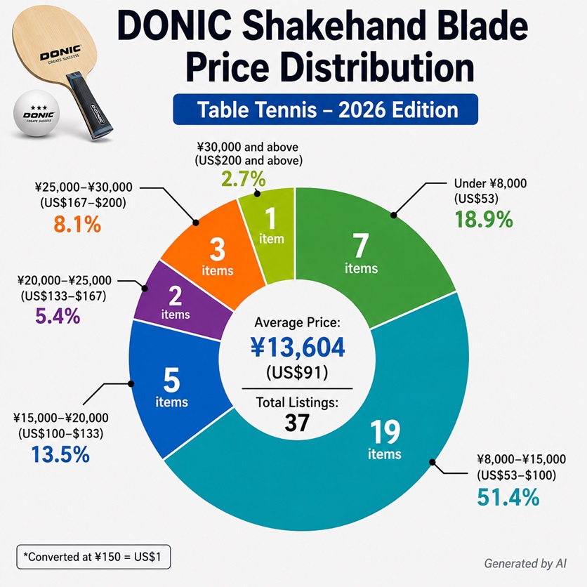 DONIC shakehand blade price distribution chart for 2026 showing average prices and pricing ranges of table tennis blades in Japan