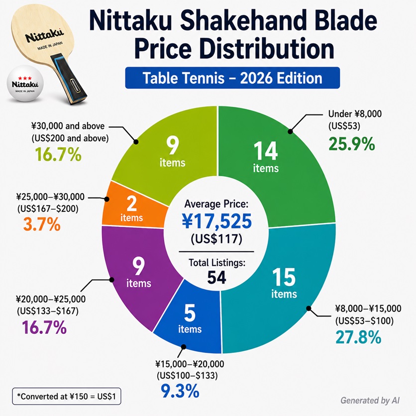 Nittaku shakehand blade price distribution chart for 2026 showing average prices and pricing ranges of table tennis blades in Japan