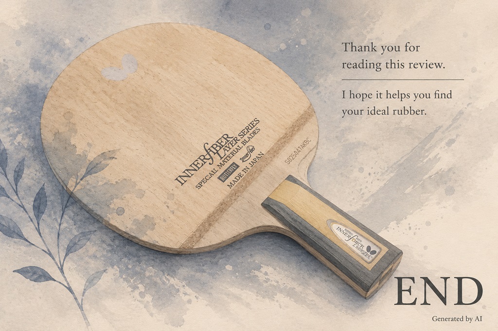 Soft pastel-style ending illustration featuring a Butterfly Innerforce ZLC Chinese penhold blade for a table tennis review article.