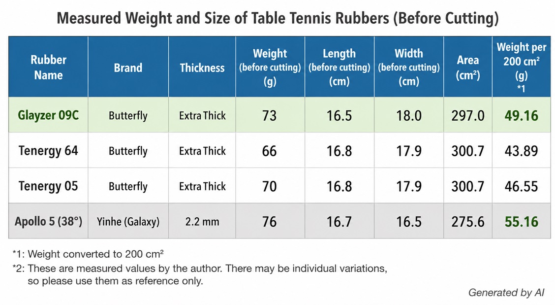 Table tennis rubber weight comparison chart showing Glayzer 09C, Tenergy 64, Tenergy 05, and Apollo 5 before cutting.