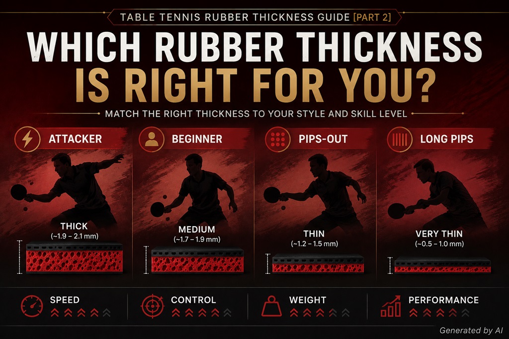 Infographic comparing recommended table tennis rubber thickness for different playing styles, including attackers, beginners, pips-out players, and long pips users.