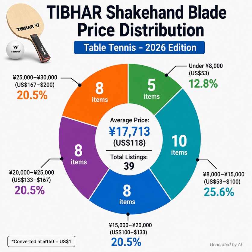 TIBHAR shakehand blade price distribution chart for 2026 showing average prices and pricing ranges of table tennis blades in Japan