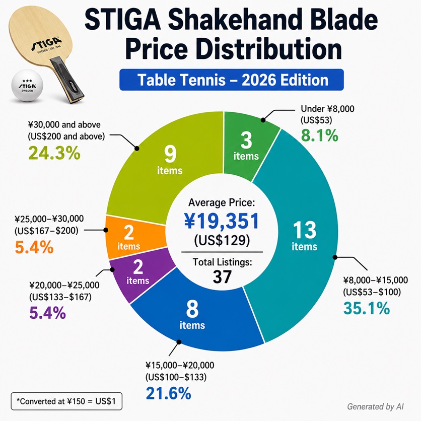 STIGA shakehand blade price distribution chart for 2026 showing average prices and pricing ranges of table tennis blades in Japan